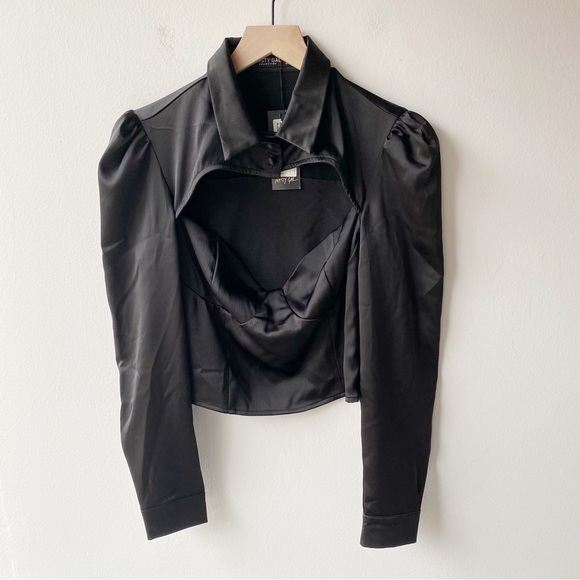 Nasty Gal Tops - nasty gal black satin collared cut out cropped top